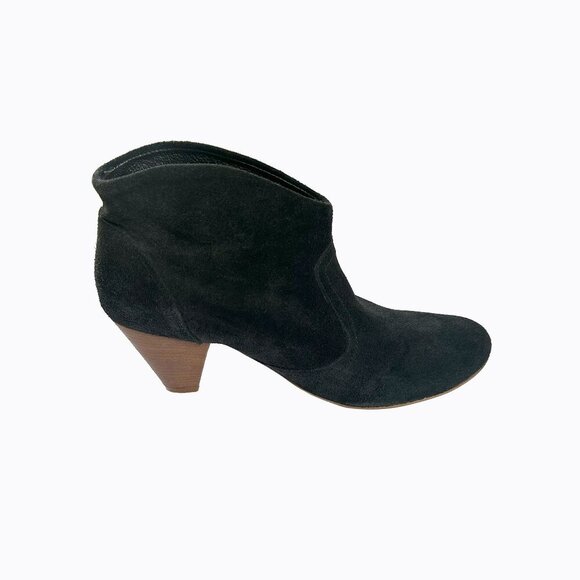 Steve Madden Pinto Ankle Boot Sz 8.5M Black Suede Leather Booties Peg Heel Y2K - Picture 1 of 7